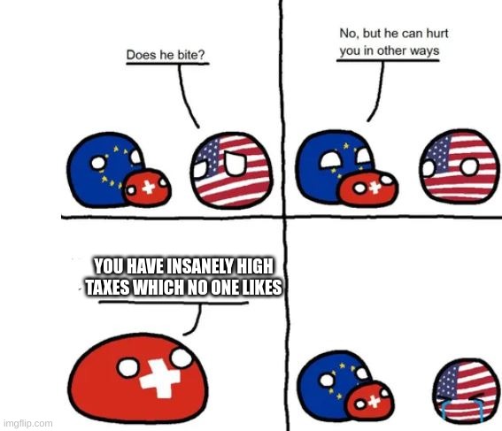 Country Balls Switzerland, does he bite | YOU HAVE INSANELY HIGH TAXES WHICH NO ONE LIKES | image tagged in country balls switzerland does he bite | made w/ Imgflip meme maker