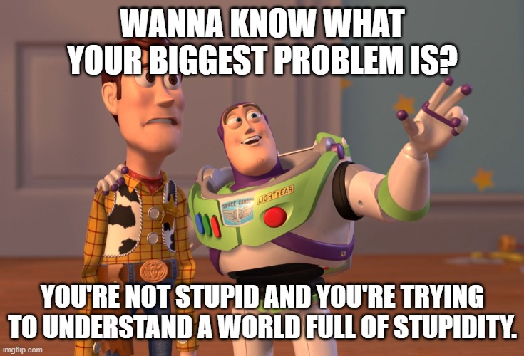 X, X Everywhere Meme | WANNA KNOW WHAT YOUR BIGGEST PROBLEM IS? YOU'RE NOT STUPID AND YOU'RE TRYING TO UNDERSTAND A WORLD FULL OF STUPIDITY. | image tagged in memes,x x everywhere | made w/ Imgflip meme maker