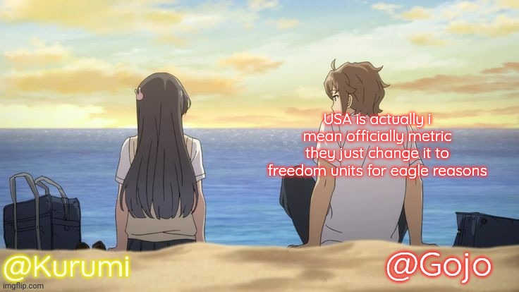 Kurumi and Gojo Shared temp | USA is actually i mean officially metric they just change it to freedom units for eagle reasons | image tagged in kurumi and gojo shared temp | made w/ Imgflip meme maker