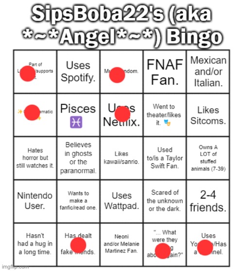 SipsBoba22 (aka Angel)'s Bingo Card | image tagged in sipsboba22 aka angel 's bingo card | made w/ Imgflip meme maker