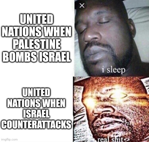 The hypocrisy... | UNITED NATIONS WHEN PALESTINE BOMBS ISRAEL; UNITED NATIONS WHEN ISRAEL COUNTERATTACKS | image tagged in i sleep real shit | made w/ Imgflip meme maker