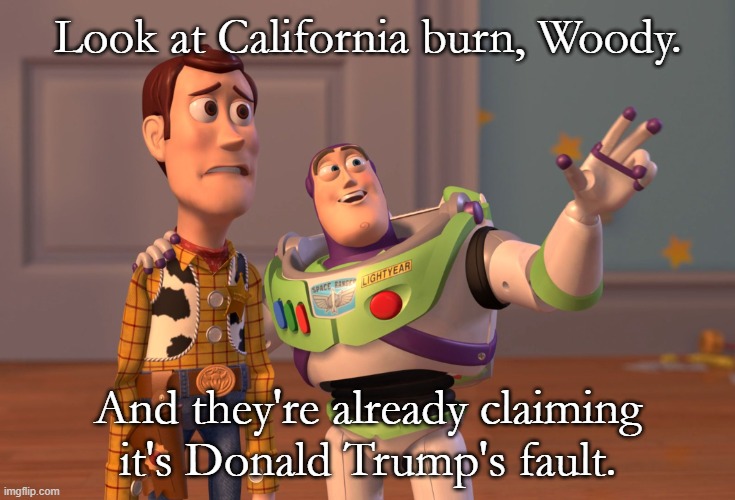 This is truly Trump Derangement. | Look at California burn, Woody. And they're already claiming it's Donald Trump's fault. | image tagged in memes,x x everywhere,california fires,bad management,gavin newsome | made w/ Imgflip meme maker