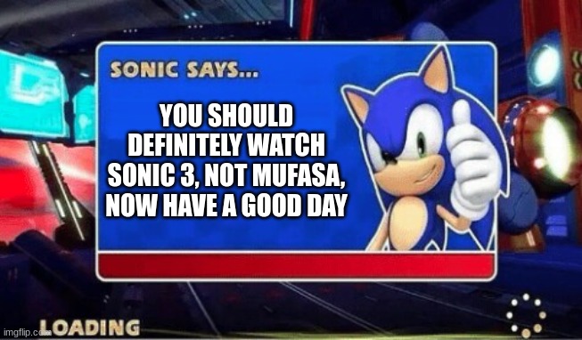 YOU SHOULD DEFINITELY WATCH SONIC 3, NOT MUFASA, NOW HAVE A GOOD DAY | image tagged in sonic says | made w/ Imgflip meme maker