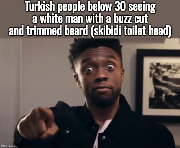 Chadwick Boseman pointing | Turkish people below 30 seeing a white man with a buzz cut and trimmed beard (skibidi toilet head) | image tagged in chadwick boseman pointing | made w/ Imgflip meme maker