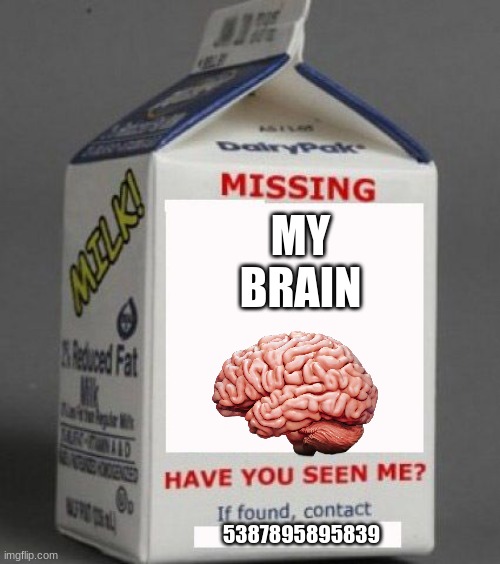 Milk carton | MY BRAIN; 5387895895839 | image tagged in milk carton,i'm dumb | made w/ Imgflip meme maker