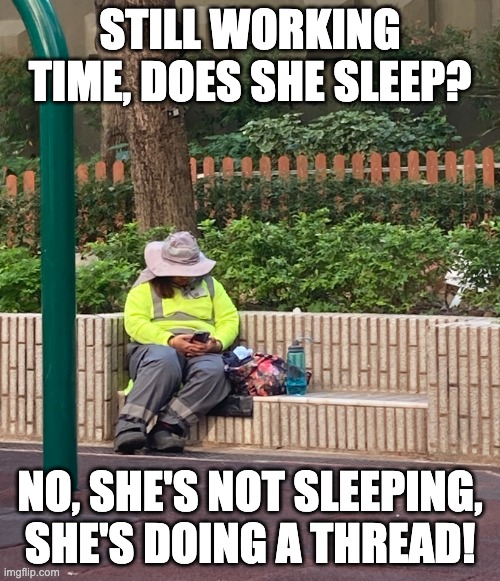 Worker sleeping | STILL WORKING TIME, DOES SHE SLEEP? NO, SHE'S NOT SLEEPING, SHE'S DOING A THREAD! | image tagged in worker sleeping | made w/ Imgflip meme maker