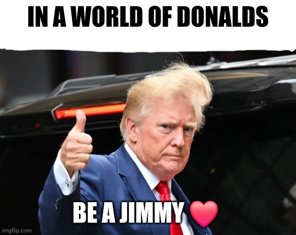 Trump pleads the fifth | IN A WORLD OF DONALDS; BE A JIMMY ❤️ | image tagged in trump pleads the fifth | made w/ Imgflip meme maker