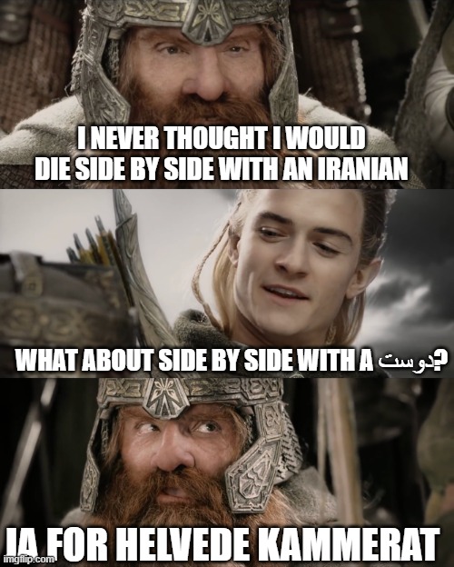 Aye, I Could Do That Blank | I NEVER THOUGHT I WOULD DIE SIDE BY SIDE WITH AN IRANIAN; WHAT ABOUT SIDE BY SIDE WITH A دوست? JA FOR HELVEDE KAMMERAT | image tagged in aye i could do that blank | made w/ Imgflip meme maker