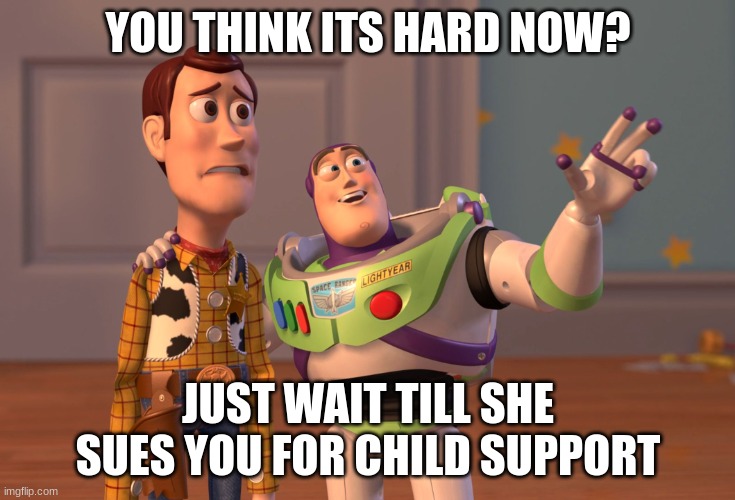 X, X Everywhere | YOU THINK ITS HARD NOW? JUST WAIT TILL SHE SUES YOU FOR CHILD SUPPORT | image tagged in memes,x x everywhere | made w/ Imgflip meme maker