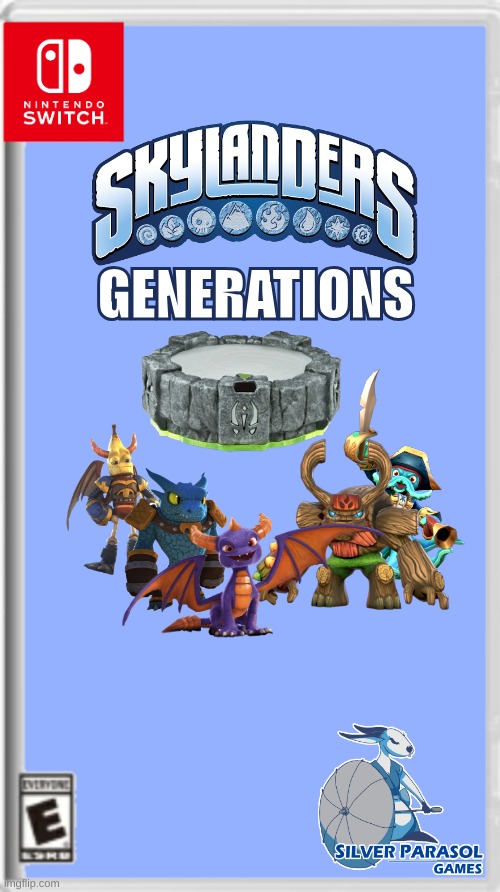 Skylanders: Generations | Made by Silver Parasol Games | GENERATIONS | image tagged in blank nintendo switch game cover | made w/ Imgflip meme maker