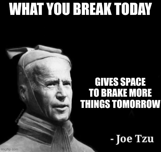 I will miss him | WHAT YOU BREAK TODAY; GIVES SPACE TO BRAKE MORE THINGS TOMORROW | image tagged in joe tzu box | made w/ Imgflip meme maker