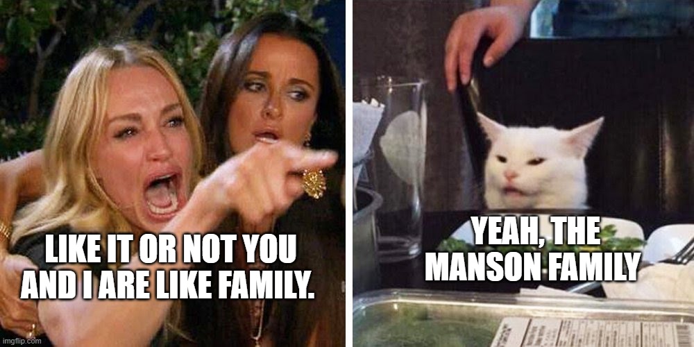 Family | YEAH, THE MANSON FAMILY; LIKE IT OR NOT YOU AND I ARE LIKE FAMILY. | image tagged in smudge the cat | made w/ Imgflip meme maker