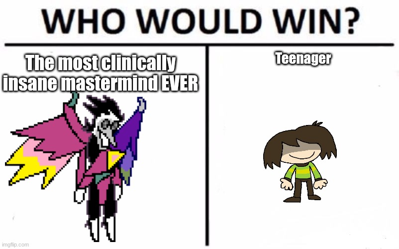 Almost 6000 points lets GOOOO | The most clinically insane mastermind EVER; Teenager | image tagged in memes,who would win,deltarune | made w/ Imgflip meme maker