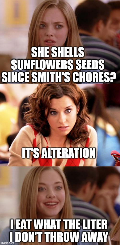 fun | SHE SHELLS 
SUNFLOWERS SEEDS 
SINCE SMITH'S CHORES? IT'S ALTERATION; I EAT WHAT THE LITER
I DON'T THROW AWAY | image tagged in blonde pun,sunflower | made w/ Imgflip meme maker