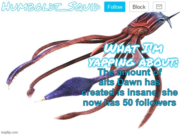 Wild shit | The amount of alts Dawn has created is insane, she now has 50 followers | made w/ Imgflip meme maker