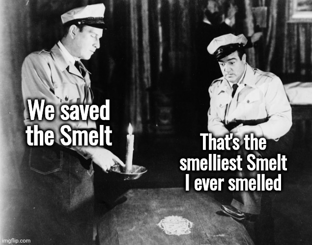 Abbott and Costello | We saved the Smelt That's the smelliest Smelt I ever smelled | image tagged in abbott and costello | made w/ Imgflip meme maker