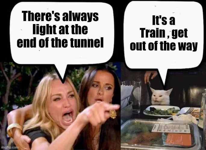 Don't eat the Cat | There's always light at the end of the tunnel It's a Train , get out of the way | image tagged in don't eat the cat | made w/ Imgflip meme maker