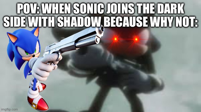 Lol | POV: WHEN SONIC JOINS THE DARK SIDE WITH SHADOW BECAUSE WHY NOT: | image tagged in shadow the hedgehog with a gun | made w/ Imgflip meme maker