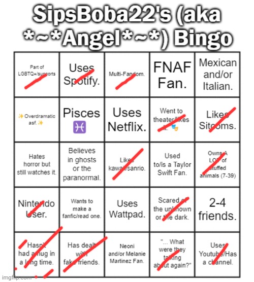 SipsBoba22 (aka Angel)'s Bingo Card | image tagged in sipsboba22 aka angel 's bingo card | made w/ Imgflip meme maker