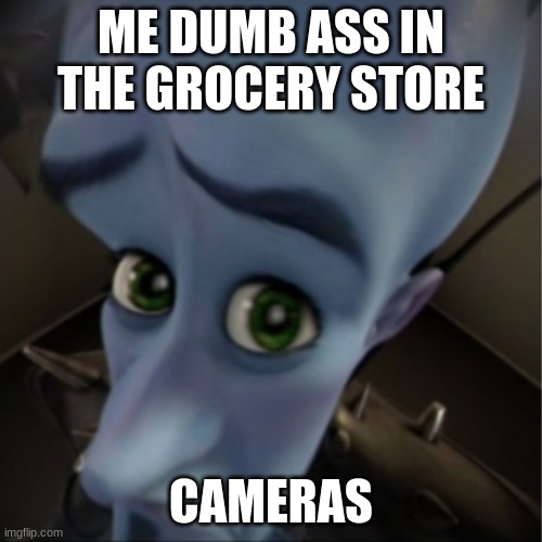 Megamind peeking | ME DUMB ASS IN THE GROCERY STORE; CAMERAS | image tagged in megamind peeking | made w/ Imgflip meme maker