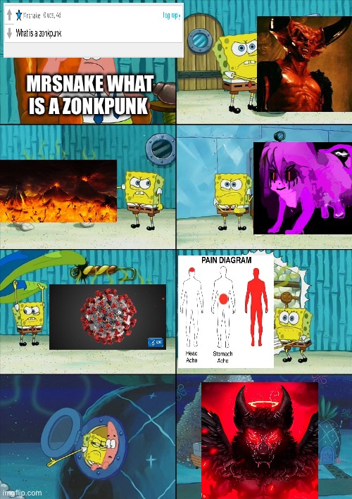 For Mrsnake | MRSNAKE WHAT IS A ZONKPUNK | image tagged in spongebob shows patrick garbage,memes,zonkpunk,furry,anti furry,gojo satoru ballsack | made w/ Imgflip meme maker