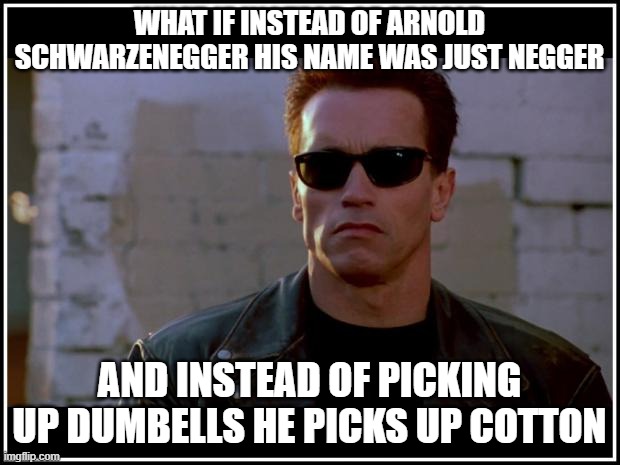 arnold schwarzenegger terminator | WHAT IF INSTEAD OF ARNOLD SCHWARZENEGGER HIS NAME WAS JUST NEGGER; AND INSTEAD OF PICKING UP DUMBELLS HE PICKS UP COTTON | image tagged in arnold schwarzenegger terminator | made w/ Imgflip meme maker