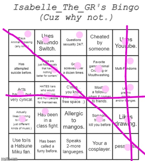 i win ;) | image tagged in isabelle_the_gr's bingo card | made w/ Imgflip meme maker