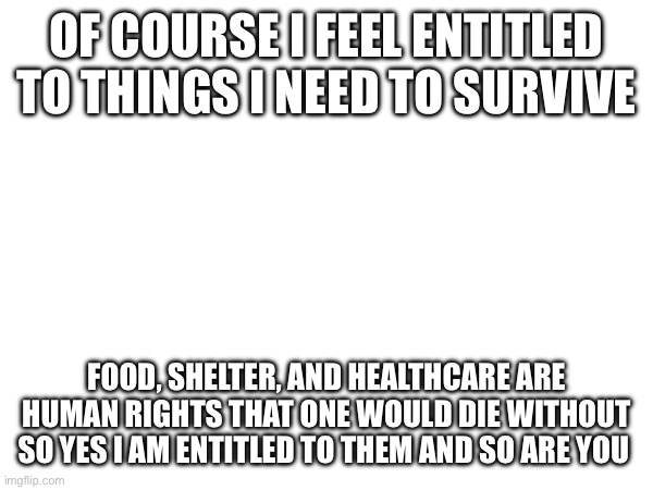 You are entitled to human rights | OF COURSE I FEEL ENTITLED TO THINGS I NEED TO SURVIVE; FOOD, SHELTER, AND HEALTHCARE ARE HUMAN RIGHTS THAT ONE WOULD DIE WITHOUT SO YES I AM ENTITLED TO THEM AND SO ARE YOU | made w/ Imgflip meme maker