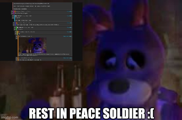 Rsst in pace soilder :( (Fries: Brigga who tf are you) (Geta: Who is vro) (Pixel: OUT.) (Fries: @geta good question.) | REST IN PEACE SOLDIER :( | image tagged in depressed bonnie | made w/ Imgflip meme maker