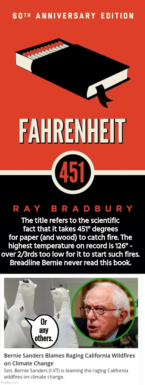 Breadline Bernie Sanders is illiterate | The title refers to the scientific fact that it takes 451° degrees for paper (and wood) to catch fire. The highest temperature on record is 126° - over 2/3rds too low for it to start such fires.
Breadline Bernie never read this book. Or any others. | image tagged in global warming,forest fire | made w/ Imgflip meme maker