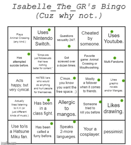 *cool title* | image tagged in isabelle_the_gr's bingo card | made w/ Imgflip meme maker