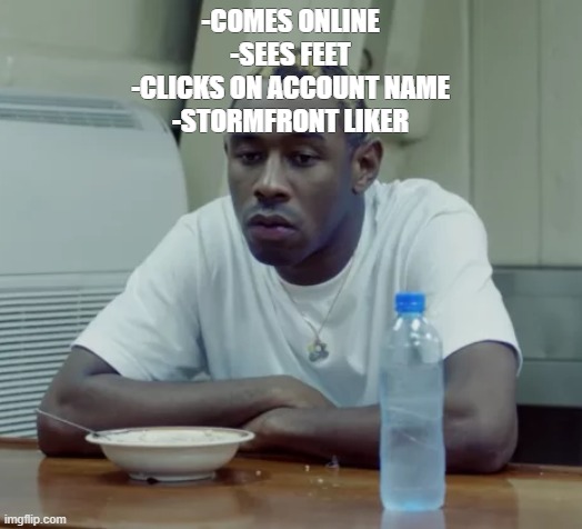 Tyler sad | -COMES ONLINE
-SEES FEET
-CLICKS ON ACCOUNT NAME
-STORMFRONT LIKER | image tagged in tyler sad | made w/ Imgflip meme maker