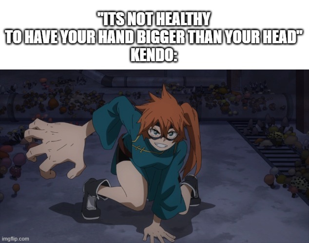 she has big hands | "ITS NOT HEALTHY TO HAVE YOUR HAND BIGGER THAN YOUR HEAD"
KENDO: | image tagged in lol,mha | made w/ Imgflip meme maker