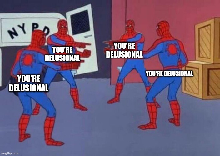 4 Spiderman pointing at each other | YOU'RE DELUSIONAL YOU'RE DELUSIONAL YOU'RE DELUSIONAL YOU'RE DELUSIONAL | image tagged in 4 spiderman pointing at each other | made w/ Imgflip meme maker