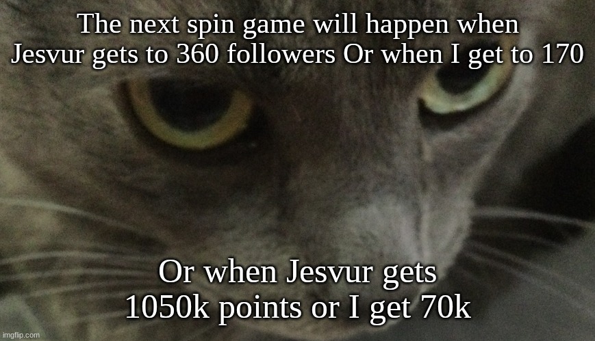 Sweetie | The next spin game will happen when Jesvur gets to 360 followers Or when I get to 170; Or when Jesvur gets 1050k points or I get 70k | image tagged in sweetie | made w/ Imgflip meme maker