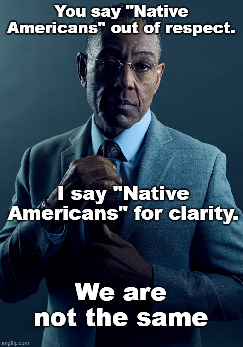 For practicalities sake | You say "Native Americans" out of respect. I say "Native Americans" for clarity. We are not the same | image tagged in gus fring we are not the same | made w/ Imgflip meme maker