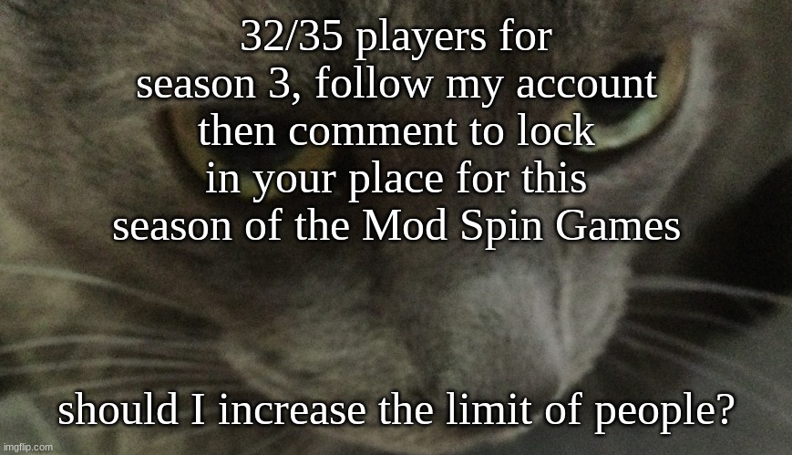 Sweetie | 32/35 players for season 3, follow my account then comment to lock in your place for this season of the Mod Spin Games; should I increase the limit of people? | image tagged in sweetie | made w/ Imgflip meme maker