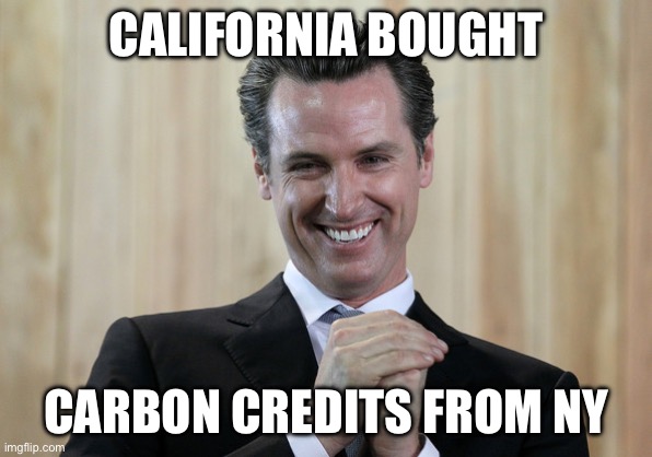 Scheming Gavin Newsom  | CALIFORNIA BOUGHT CARBON CREDITS FROM NY | image tagged in scheming gavin newsom | made w/ Imgflip meme maker