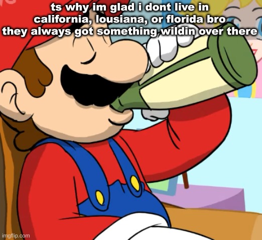 mario drinking | ts why im glad i dont live in california, lousiana, or florida bro they always got something wildin over there | image tagged in mario drinking | made w/ Imgflip meme maker