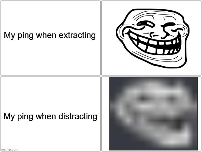 Image Title | My ping when extracting; My ping when distracting | image tagged in memes,blank comic panel 2x2,dandy's world,trollface,ping,lag | made w/ Imgflip meme maker