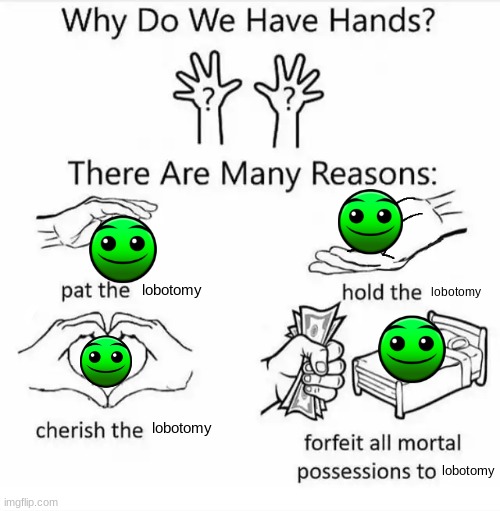 Why do we have hands? (all blank) | lobotomy; lobotomy; lobotomy; lobotomy | image tagged in why do we have hands all blank | made w/ Imgflip meme maker