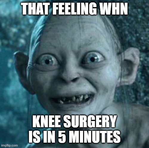 Gollum | THAT FEELING WHN; KNEE SURGERY IS IN 5 MINUTES | image tagged in memes,gollum | made w/ Imgflip meme maker