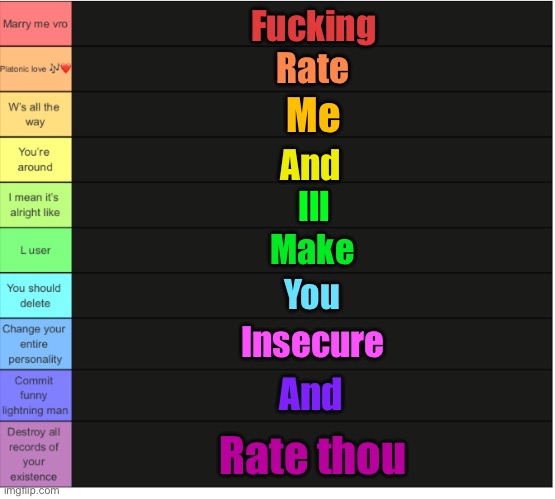 Murderous made a tier list | Fucking; Rate; Me; And; Ill; Make; You; Insecure; And; Rate thou | image tagged in murderous made a tier list | made w/ Imgflip meme maker