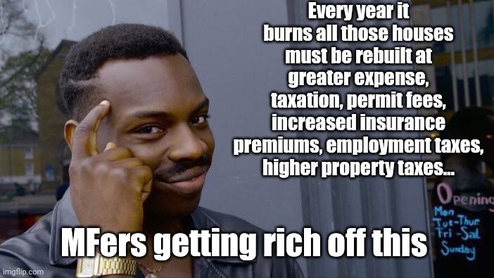 Roll Safe Think About It Meme | Every year it burns all those houses must be rebuilt at greater expense, taxation, permit fees, increased insurance premiums, employment tax | image tagged in memes,roll safe think about it | made w/ Imgflip meme maker