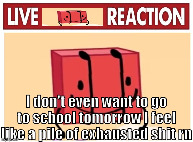 Live boky reaction | I don't even want to go to school tomorrow I feel like a pile of exhausted shit rn | image tagged in live boky reaction | made w/ Imgflip meme maker