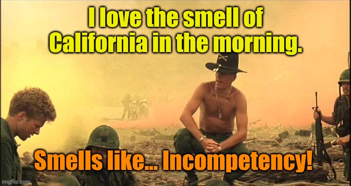 Napa-lm Valley. | I love the smell of California in the morning. Smells like... Incompetency! | image tagged in apocalypse now napalm | made w/ Imgflip meme maker