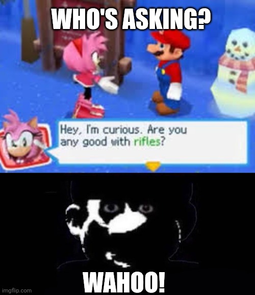 Marios about to commit a crime | WHO'S ASKING? WAHOO! | image tagged in hey i'm curious are you any good with rifles,lightside mario vs darkside mario | made w/ Imgflip meme maker