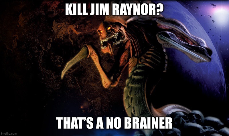 I love StarCraft | KILL JIM RAYNOR? THAT’S A NO BRAINER | image tagged in zergling over planet | made w/ Imgflip meme maker