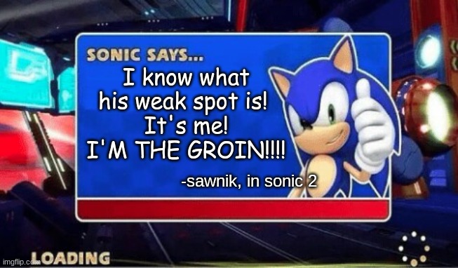 don't let doggo see this gang | I know what his weak spot is! 
It's me! I'M THE GROIN!!!! -sawnik, in sonic 2 | image tagged in sonic says | made w/ Imgflip meme maker