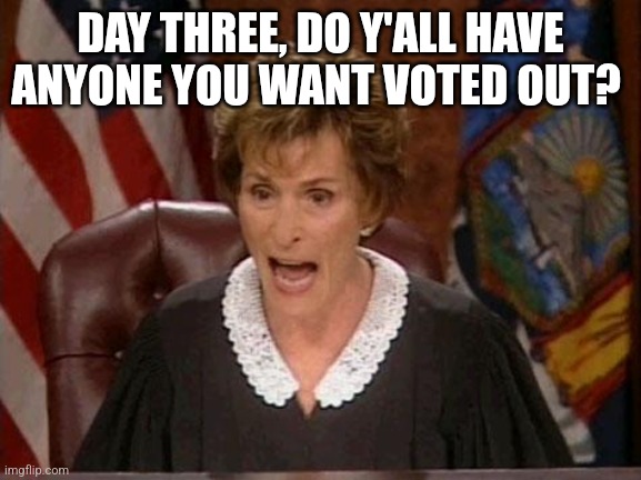 Judge Judy | DAY THREE, DO Y'ALL HAVE ANYONE YOU WANT VOTED OUT? | image tagged in judge judy | made w/ Imgflip meme maker